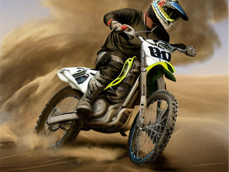 A man rides a used dirt bike in the desert